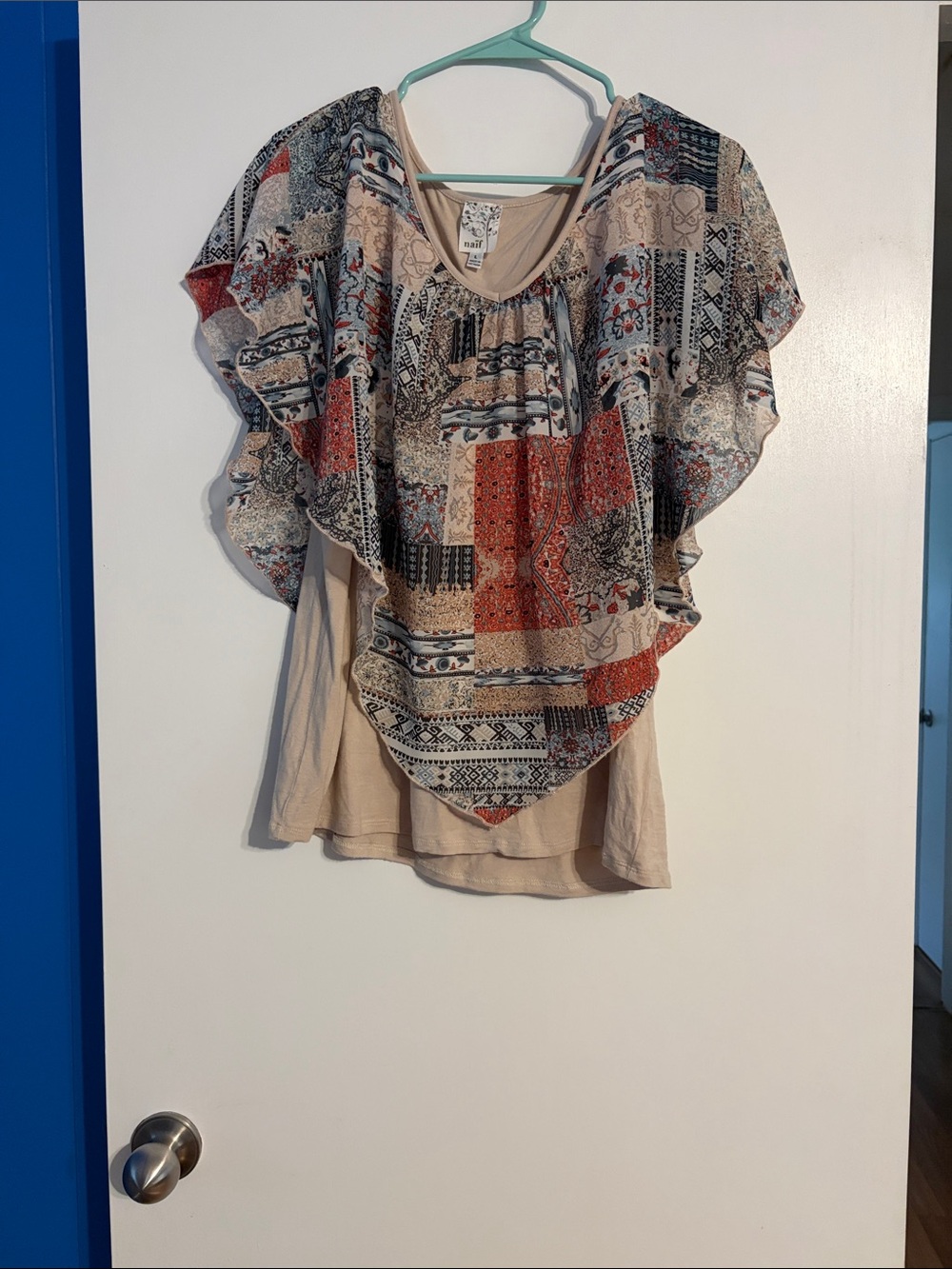 NAIF Beige Layered Flutter Sleeve Blouse with Rust and Navy Patchprint